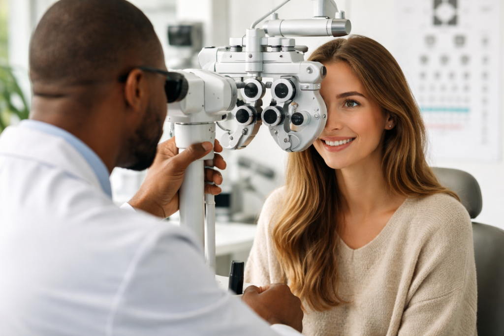 Optometrist adjusting a phoropter during an eye exam for an adult woman