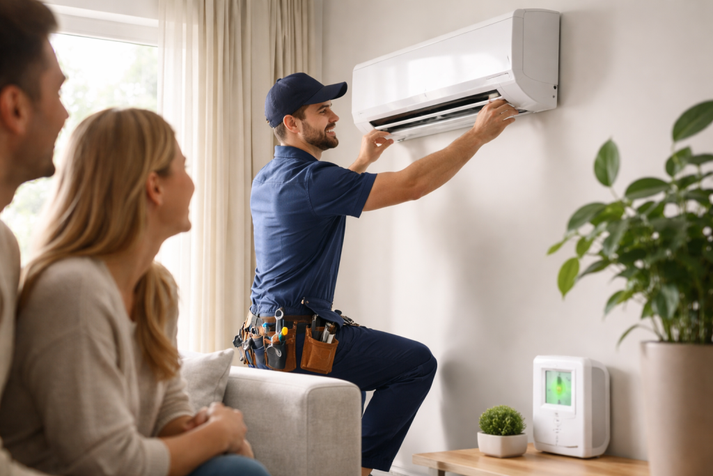 Technician installs a wall-mounted air conditioner while homeowners watch.