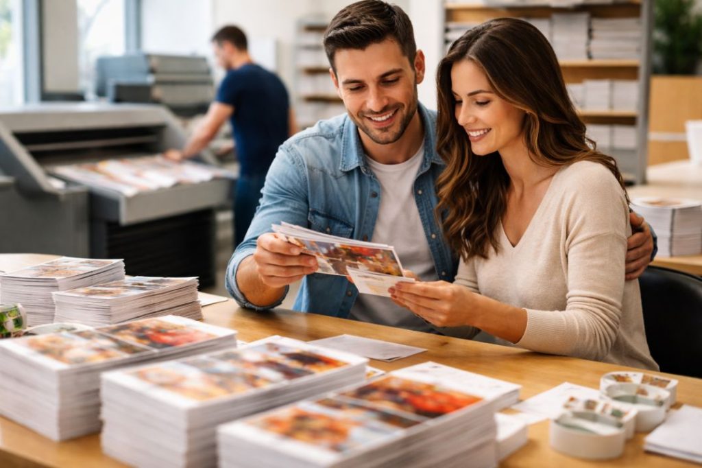 Woman smiling while reviewing colorful printed