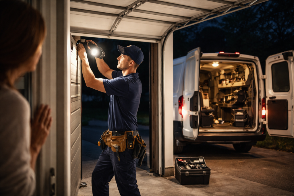 Garage technician repairing a door at night with a flashlight.