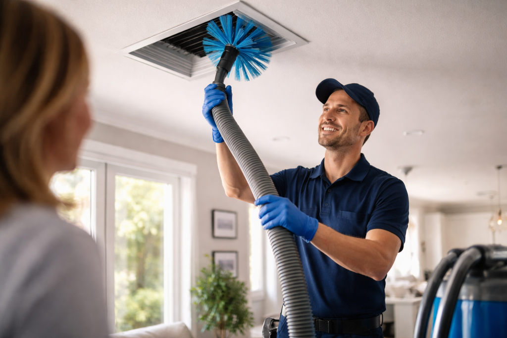 Smiling HVAC professional in a blue uniform and cap cleaning a ceiling vent while talking to a woman standing in the foreground.