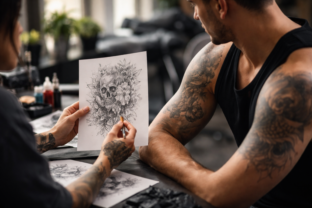 Tattoo artist showing a custom skull design sketch to a male client during a consultation
