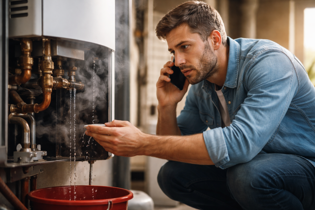 Concerned homeowner on a smartphone calling for emergency HVAC repair while looking at a leaking wall-mounted boiler.