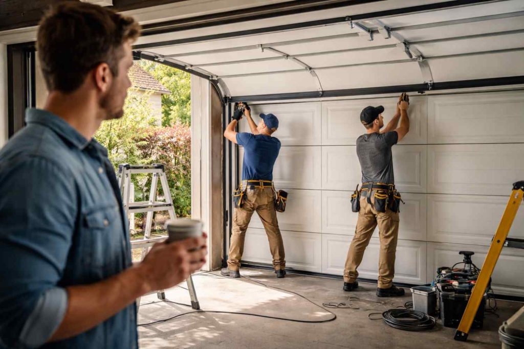 A man holding a coffee cup watches from the blurred foreground as two professional workers in caps and toolbelts reach up to install the top panel of a white garage door, with tools and stepladders resting on the concrete floor.
