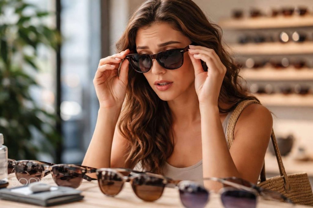 A young woman with long wavy hair wears a thoughtful expression as she adjusts a pair of dark sunglasses on her face, looking down at several other pairs laid out on a wooden counter inside a blurred optical shop