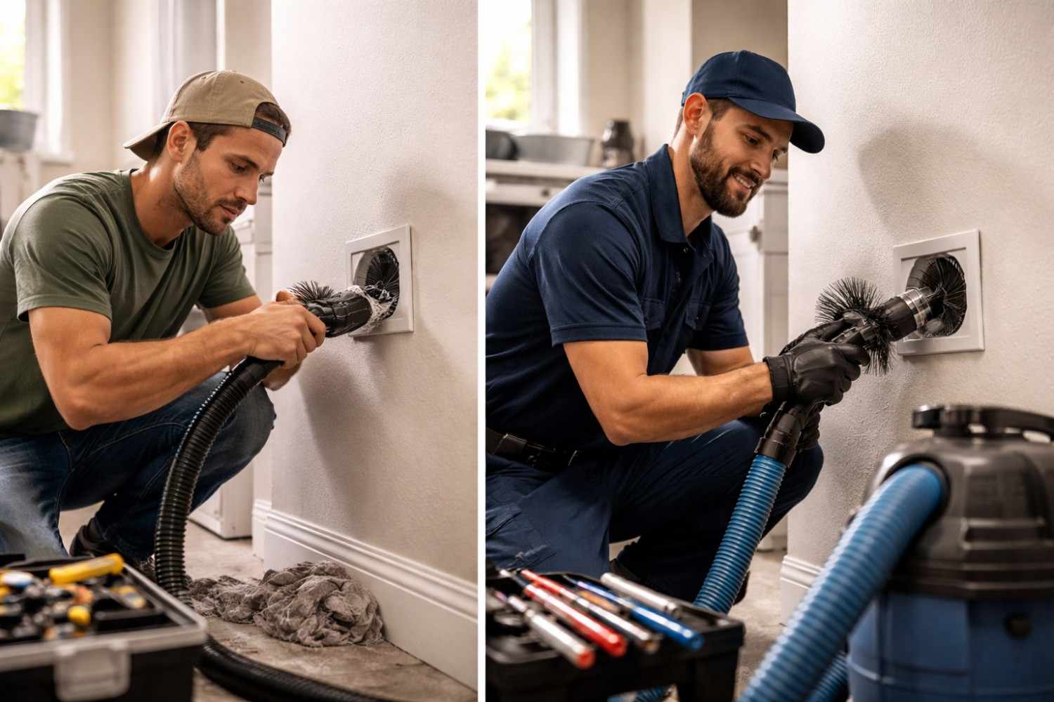 A split-screen comparison showing a casually dressed man cleaning a dusty wall vent with lint gathered on the floor on the left, and a smiling professional in a blue uniform using specialized vacuum equipment to clean a similar vent on the right.