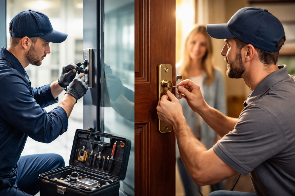 Split screen of a professional locksmith picking a commercial glass door lock versus installing a residential brass door handle for a smiling homeowner.