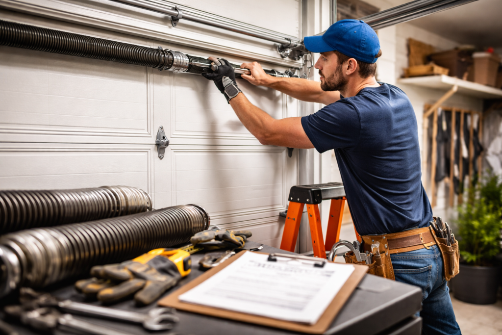 A professional technician wearing a blue cap, gloves, and a tool belt adjusting a torsion spring above a white garage door, with replacement springs and a clipboard on a workbench in the foreground.