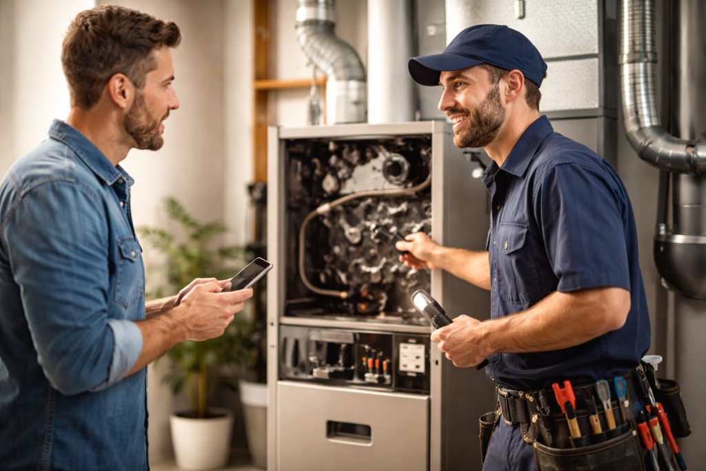 A smiling technician in a blue uniform, cap, and tool belt holding a flashlight while discussing the open interior of a furnace unit with a man in a denim shirt holding a smartphone.