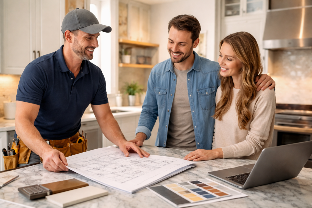 A smiling couple and a contractor in a tool belt happily reviewing blueprints and color swatches together at a marble kitchen island.
