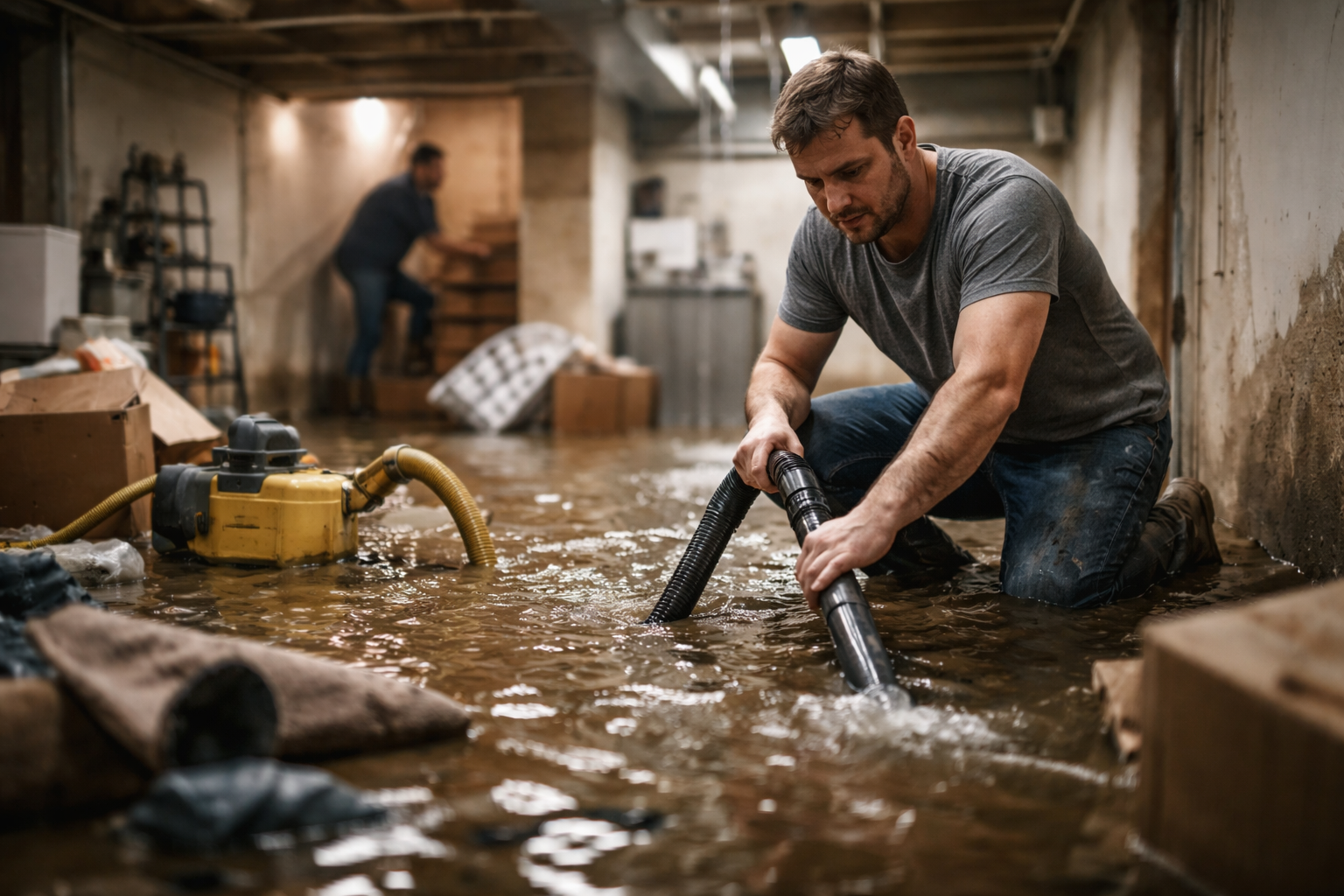 A man kneeling in deep floodwater in a messy basement, using a vacuum hose to extract water near a yellow pump, while another person stands on the stairs in the background.