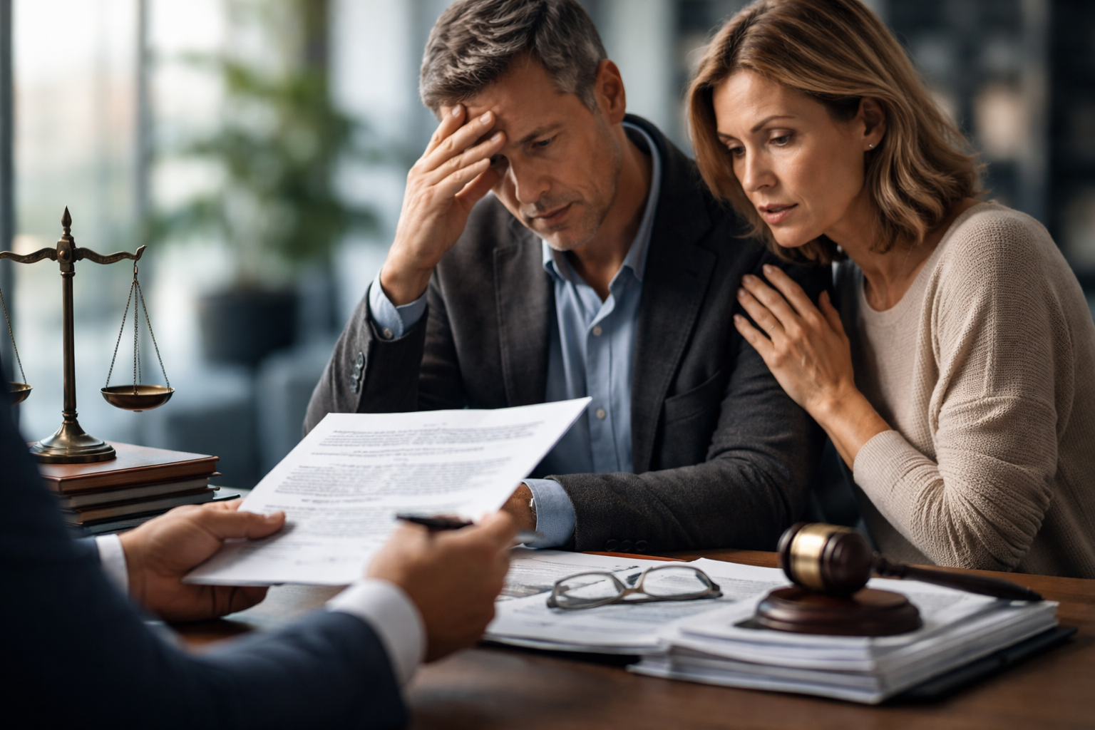 A stressed man with his hand on his forehead and a concerned woman comforting him, sitting across a desk from a lawyer holding legal documents, with a gavel and scales of justice in the foreground.