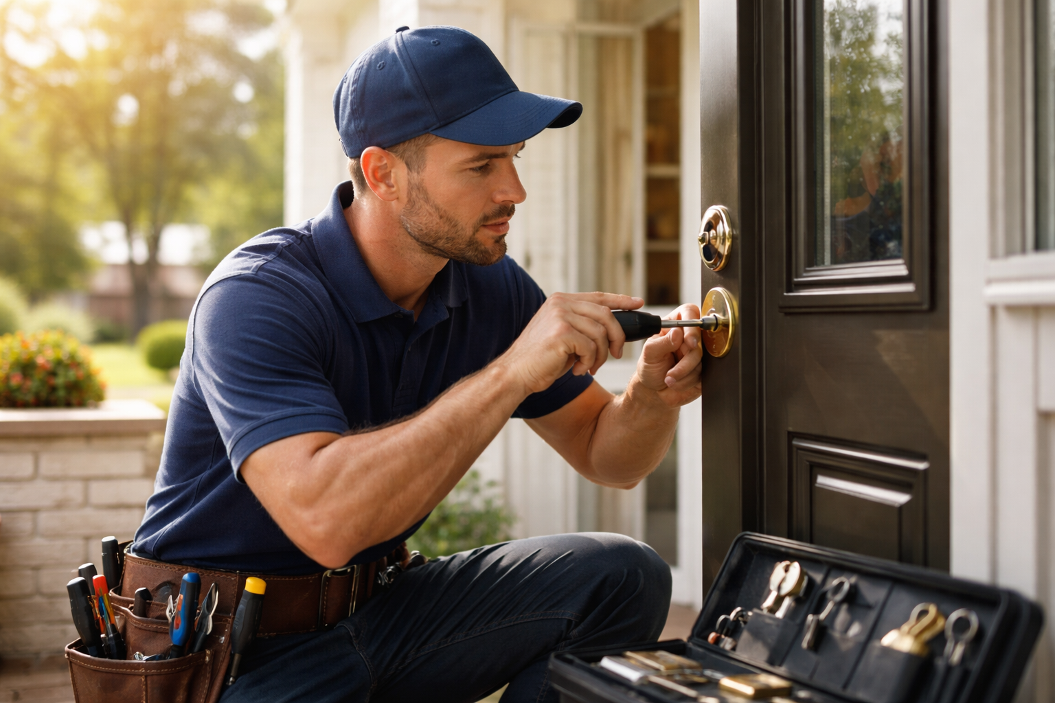 A locksmith in a blue uniform and cap kneels to work on a brass door lock using a screwdriver, wearing a loaded tool belt with an open case of lock parts and keys resting beside him