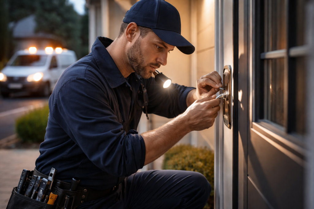 A locksmith works on a door lock with a flashlight while a service van with orange lights is parked nearby