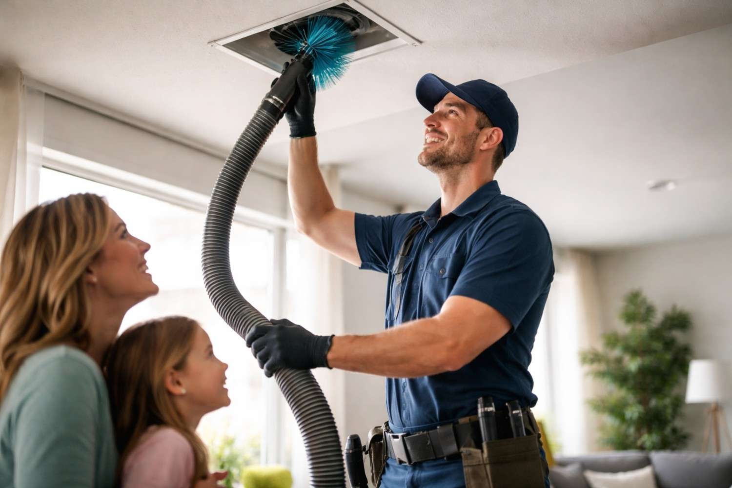 Couple shocked as dust falls from dirty ceiling vent.