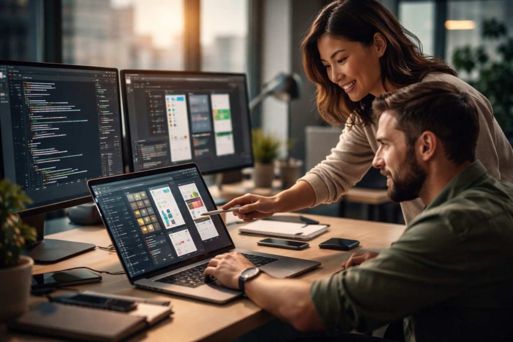 A smiling woman leans over to point with a stylus at a mobile app design on a laptop screen, collaborating with a man seated at a wooden desk in a modern office, while two large desktop monitors displaying lines of code and additional user interfaces stand in the background