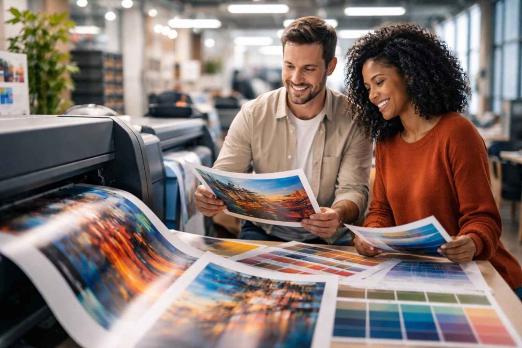 A smiling man and woman sit together in a brightly lit print shop, happily reviewing a large, vibrant photograph print, with a commercial printer and a table covered in colorful prints and palettes in front of them.