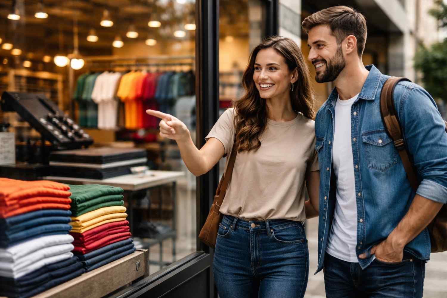 Couple smiling and pointing at colorful folded shirts outside a clothing store window.