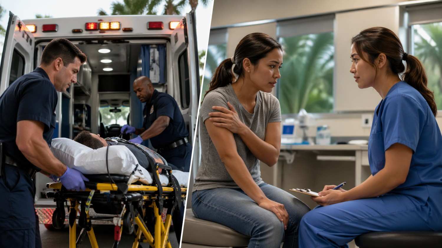 Emergency responders are loading a patient on a stretcher into an ambulance, suggesting an urgent medical situation.