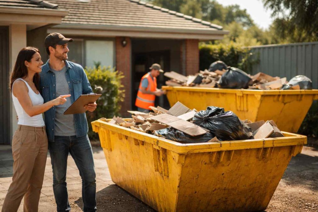 A smiling couple stands next to a large yellow dumpster filled with debris in a driveway, with the man holding a clipboard and the woman pointing towards a worker in an orange safety vest who is tending to a second dumpster in the background
