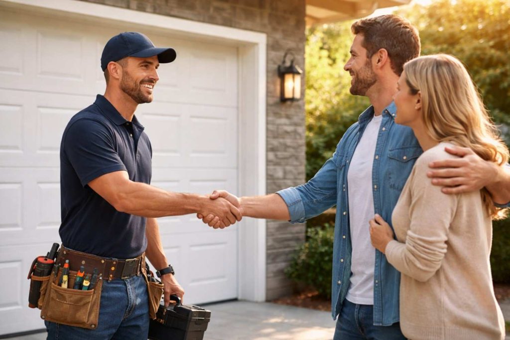 A smiling worker wearing a navy blue polo shirt, cap, and a loaded toolbelt holds a toolbox while shaking hands with a smiling man who has his arm around a woman, standing together in front of a closed white garage door in the late afternoon sun