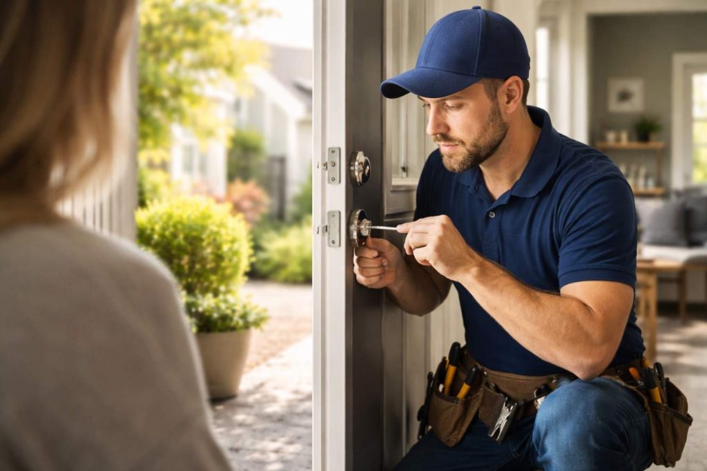 "A focused locksmith wearing a blue uniform, cap, and leather toolbelt crouches to work on the silver lock of a dark paneled front door. He holds keys in the lock,