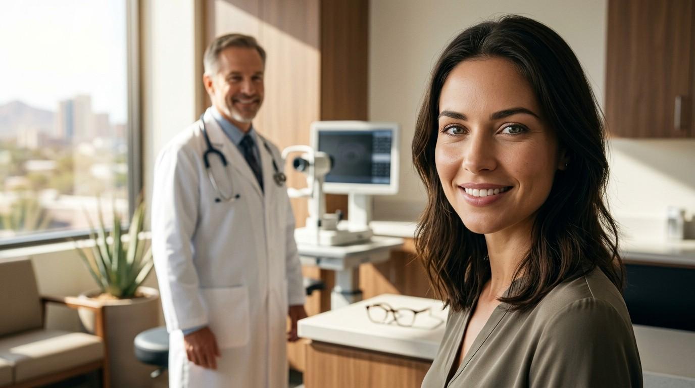 A smiling patient sits in a modern eye clinic after a vision consultation, while an eye doctor stands in the background near diagnostic equipment and eyeglasses.
