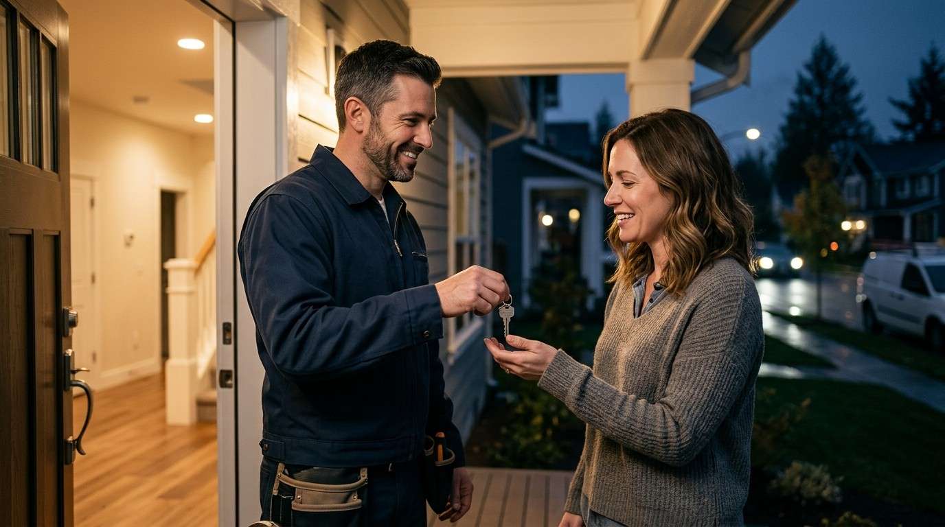 A locksmith returns house keys to a happy homeowner after completing an emergency lockout service.