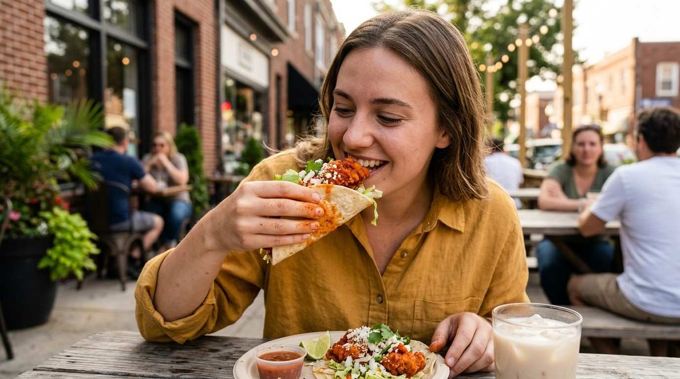 A woman enjoys spicy hot chicken tacos at an outdoor restaurant on a sunny day.