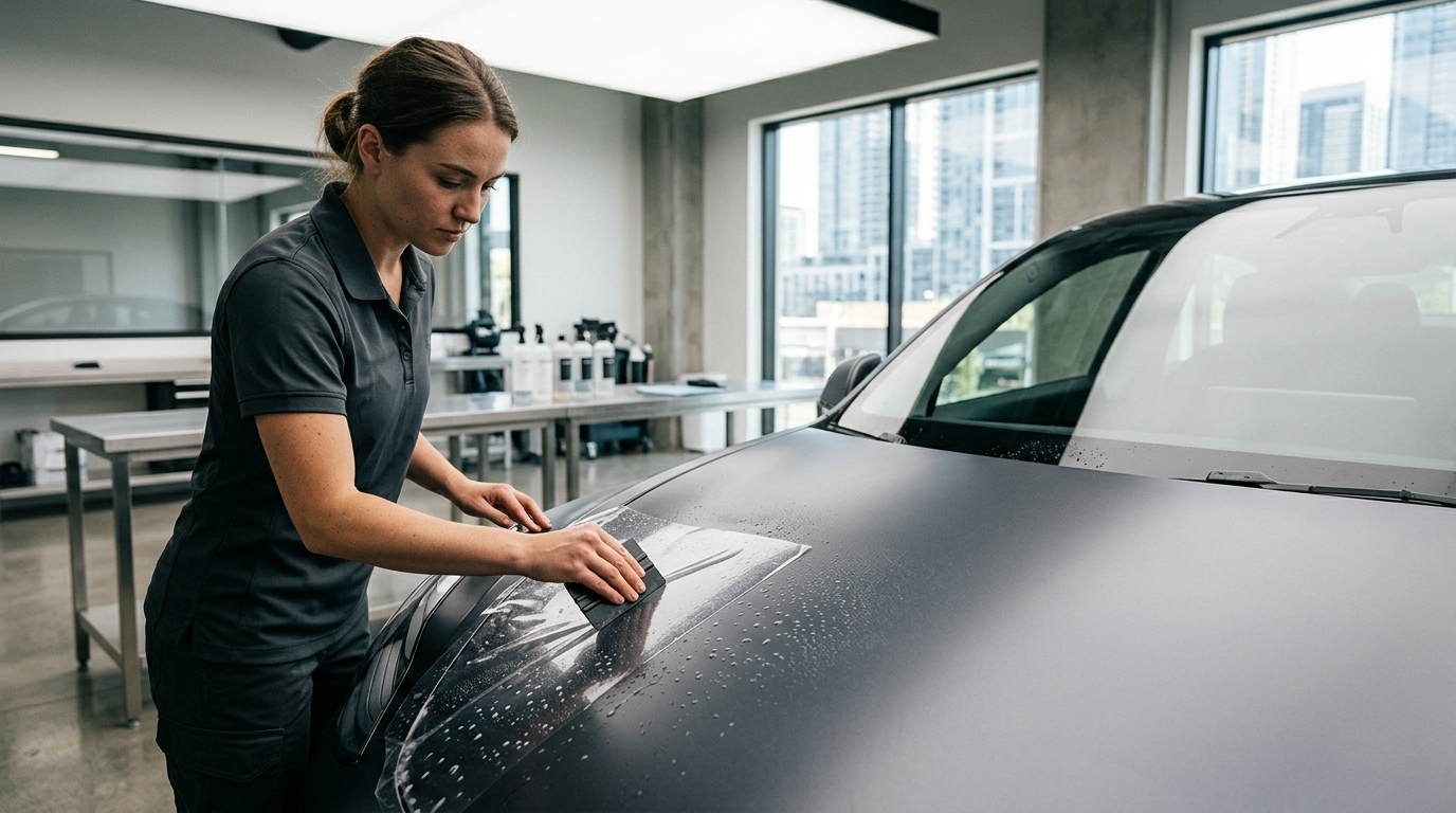 A professional auto detailing technician carefully applies a transparent paint protection film to the hood of a modern black vehicle inside a clean, high-end workshop. The image highlights automotive surface protection, precision installation, and premium vehicle care services.