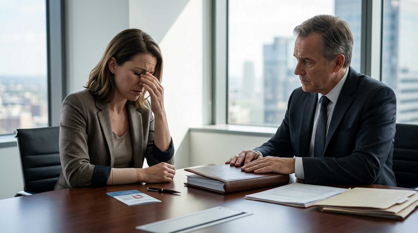 A distressed client speaks with a medical negligence solicitor during a legal consultation, highlighting emotional support, patient advocacy, and professional legal guidance for medical malpractice and compensation claims.