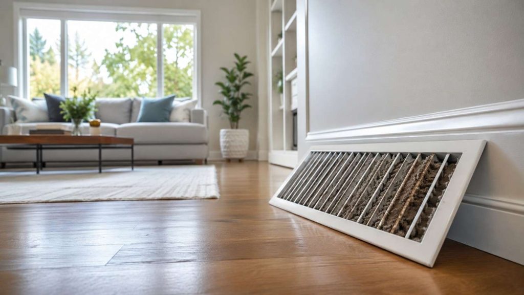 Dusty HVAC floor vent in a residential living room.