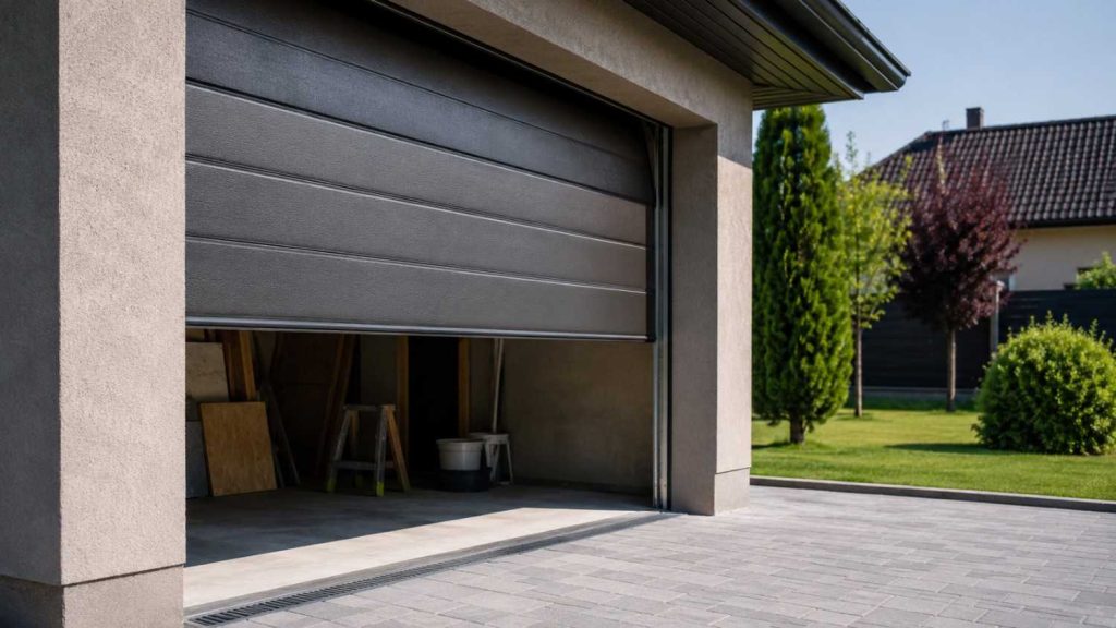 Partially open modern garage door.