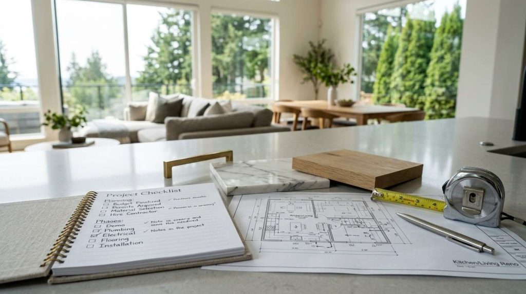 Home remodeling checklist, floor plans, and material samples on a kitchen countertop.