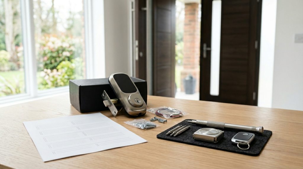 Smart lock, digital key fob, and installation tools on a table near a home entry door.