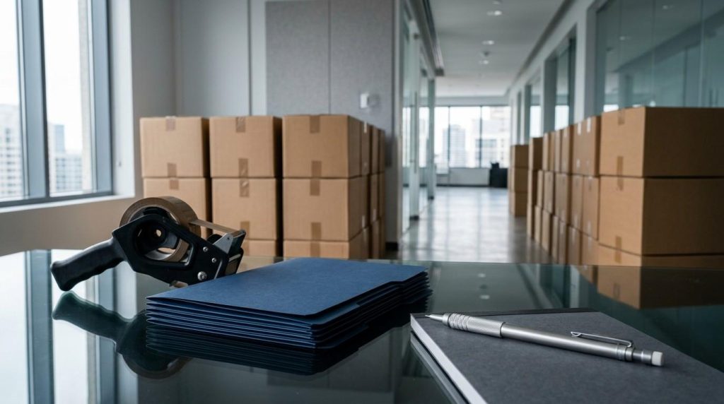 Office moving supplies including document folders, packing tape, and labeled moving boxes in a commercial workspace, representing professional office relocation services.