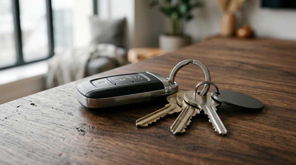 Car key fob and house keys on a wooden table.