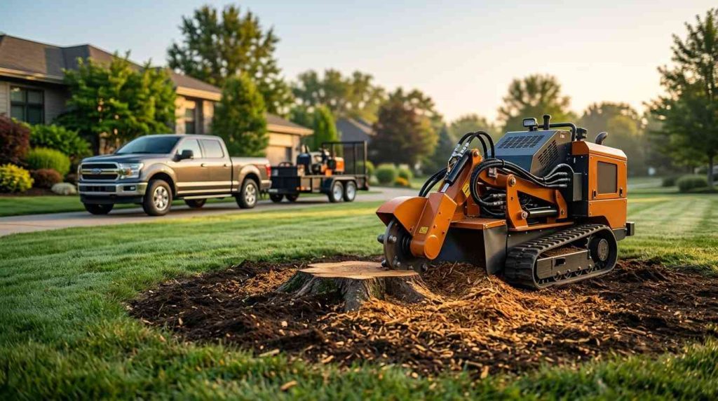 Professional stump removal machine grinding a tree stump in a residential yard, with a service truck and equipment trailer in the background, showcasing expert tree stump removal services.