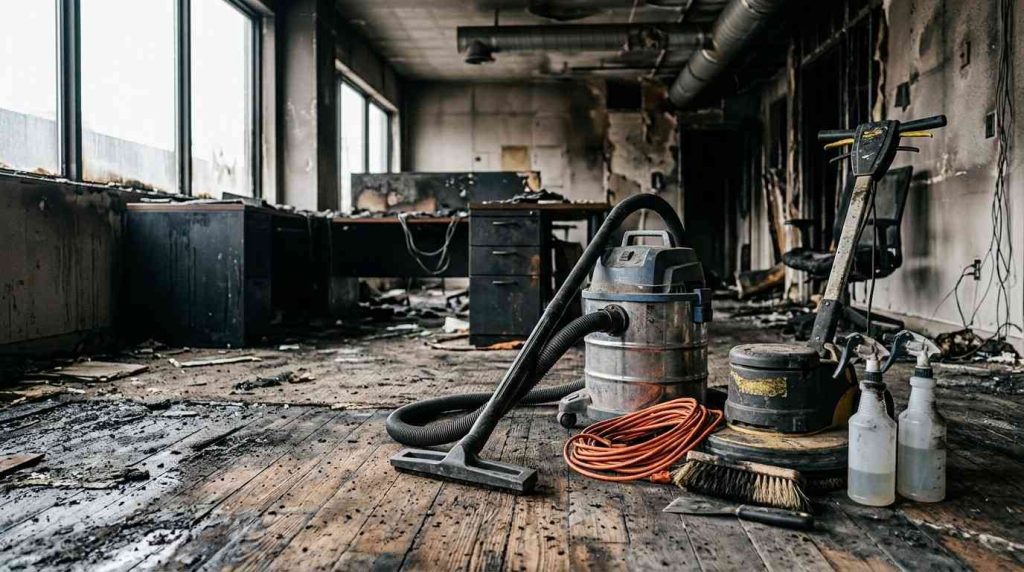 Professional fire damage restoration equipment, vacuum, floor scrubber, and cleaning supplies prepared for soot removal and post-fire property restoration in a damaged building.