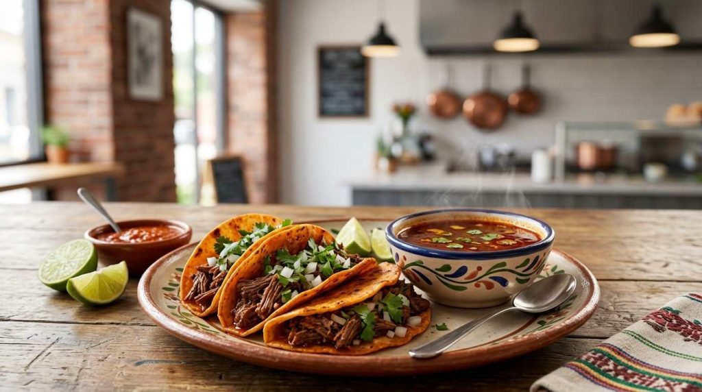 Birria tacos with consommé served inside a cozy restaurant in Jenkintown.