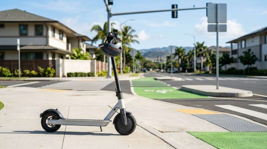 Electric scooter with helmet parked near a crosswalk in Honolulu.