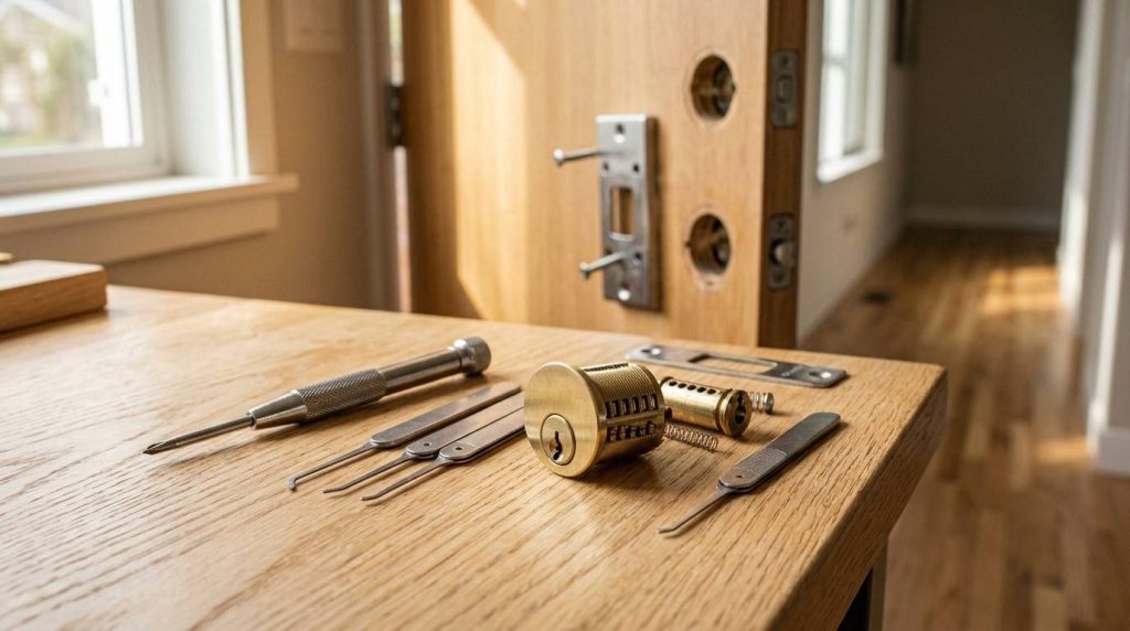 Lock cylinder, locksmith tools, and an open residential door prepared for lock rekeying and cylinder replacement, showcasing professional home locksmith repair and security upgrade services.