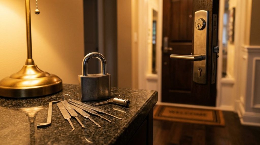 Residential door lock, padlock, keys, and locksmith tools arranged on a countertop in a warm, well-lit home interior.