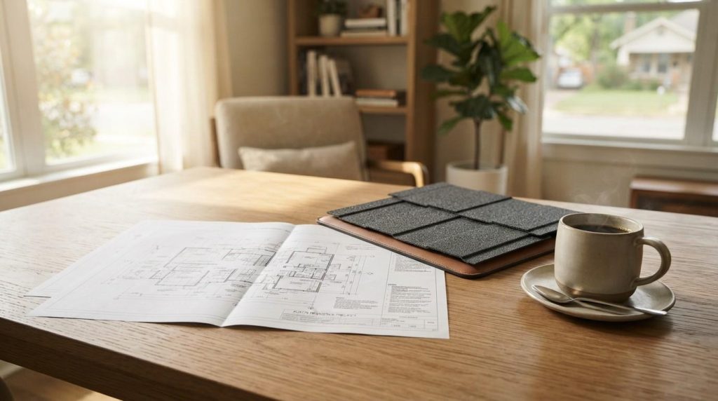 Roofing Consultation with Shingle Samples and Project Plans