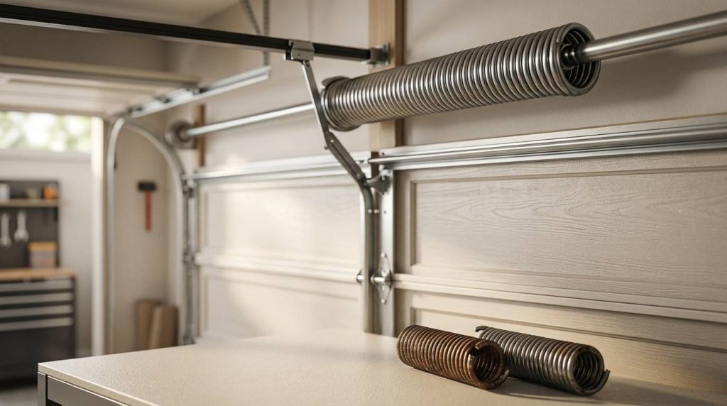 Newly installed dual garage door torsion springs with professional repair tools and organized workshop, showcasing a completed garage door spring replacement service