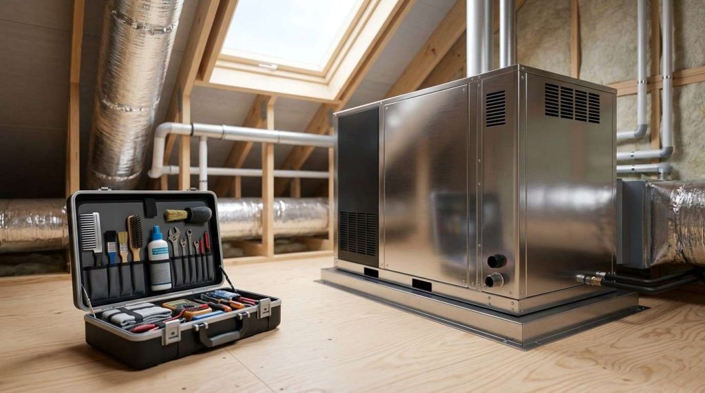 HVAC system with connected ductwork and a professional air duct cleaning tool kit in a residential attic.