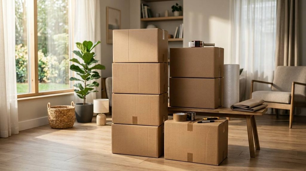 Cardboard moving boxes stacked in a bright living room with packing tape, bubble wrap, and other moving supplies arranged nearby.
