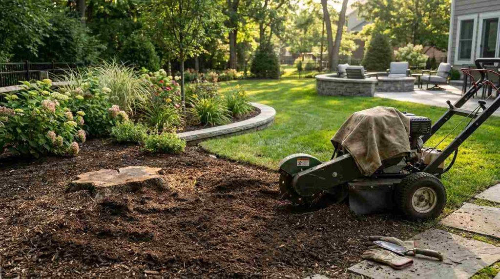 Stump grinding machine working beside a tree stump in a landscaped residential backyard with garden beds and patio seating.
