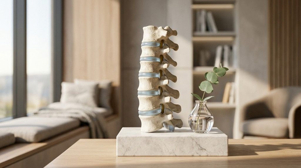 Anatomical lumbar spine model displayed on a marble base beside a small glass vase with greenery in a bright, modern chiropractic and wellness treatment room.
