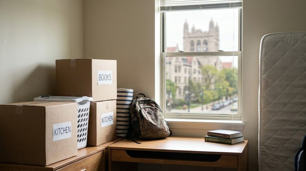 Labeled moving boxes for books and kitchen items stacked beside a desk and mattress in a bedroom during a move.